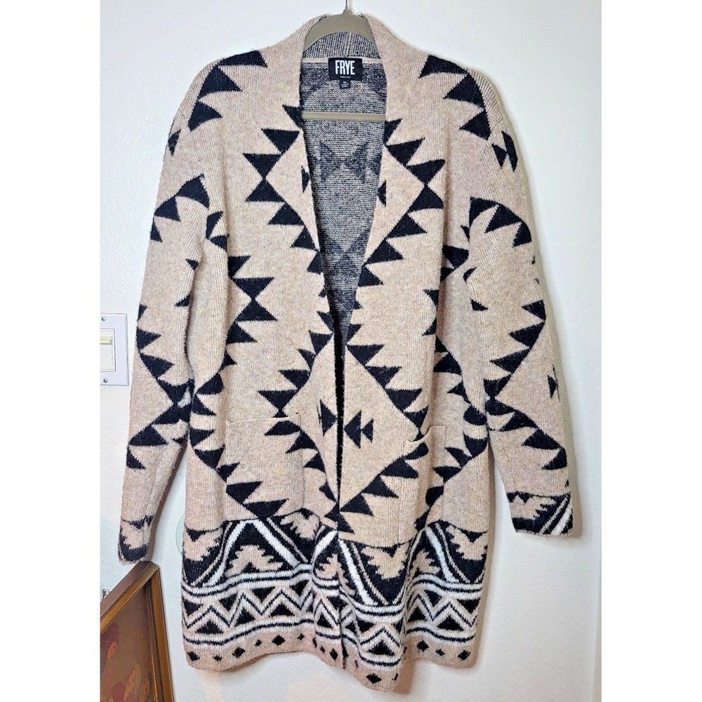 FRYE Sweater Womens The Cozy Aztec Open Front Cardigan Tan Black XL Boho Western
